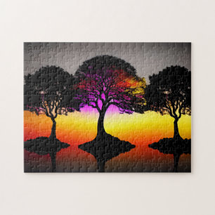 Black Trees with Sunset Background and Grey Sky Jigsaw Puzzle