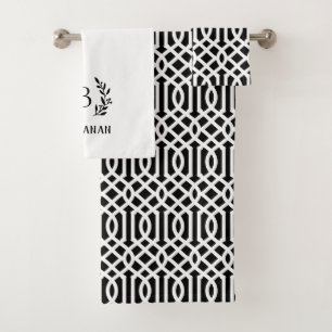 Black Trellis and Branch Monogram Farmhouse Bath Towel Set