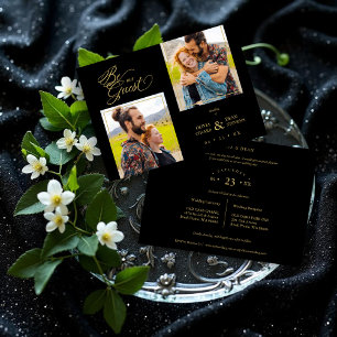 Black Trendy 2 Photos Fake Golden Invitation