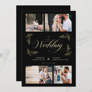 Black Trendy 4 Photos Collage Wedding Invitation