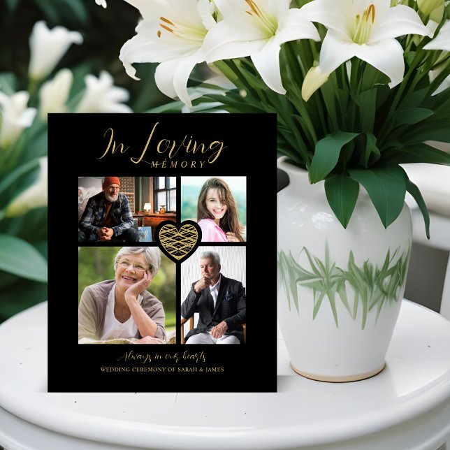 Black Trendy Collage 4 Photos Modern Heart Wedding Pedestal Sign (Black Trendy Collage 4 Photos Modern Heart for Wedding Memorial Table pedestal Sign.)