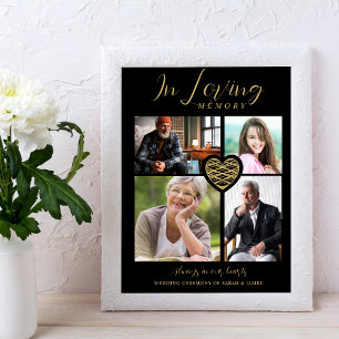 Black Trendy Collage 4 Photos Modern Heart Wedding Poster