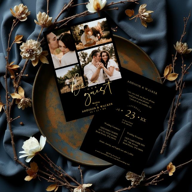 Black Trendy Collage Wedding 4 photos Real Golden (Black Trendy Collage Wedding 4 photos Real Golden Foil Invitation Card with Envelope.)