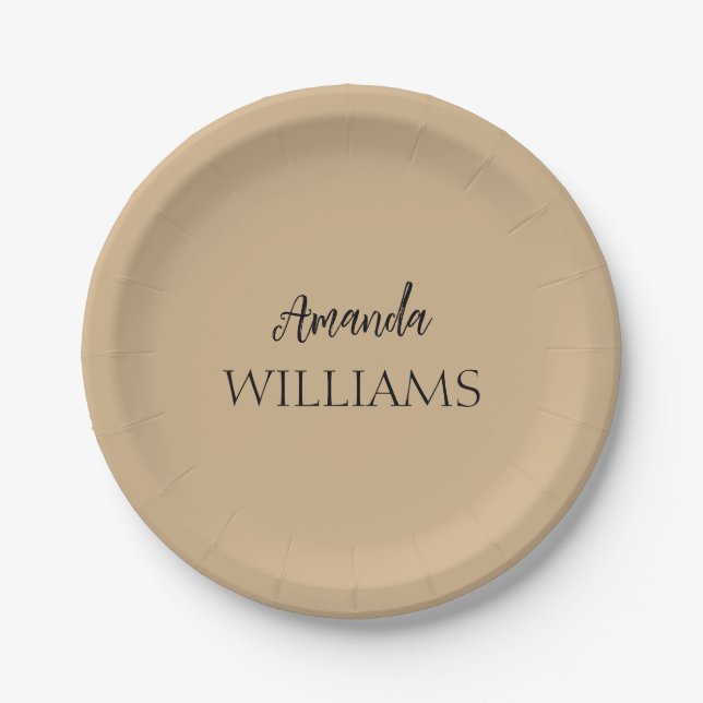 Black Trendy Elegant  First Last Name | Tan Brown  Paper Plate (Front)