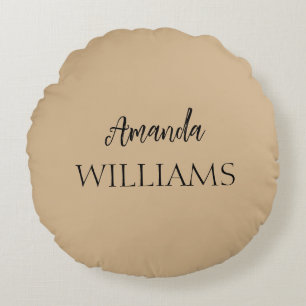 Black Trendy Elegant First Last Name Tan Brown Round Cushion
