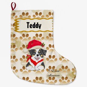 Black Tri Aussie Christmas Pup Large Christmas Stocking