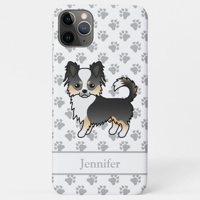 Black Tri Long Coat Chihuahua Cartoon Dog & Name Case-Mate iPhone Case (Back)