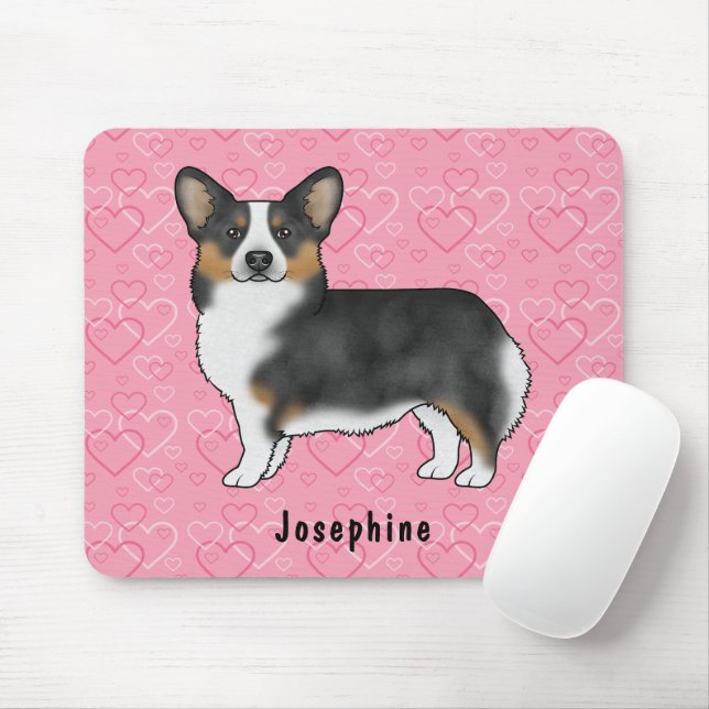 Black Tri Pembroke Welsh Corgi Hearts With Name Mouse Pad (With Mouse)