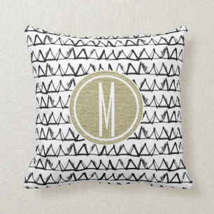 Black Triangles Gold Glitter Monogram Cushion