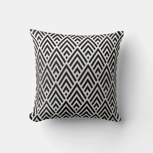 Black Triangles White Grey Art Deco Geometry Cushion (Front)