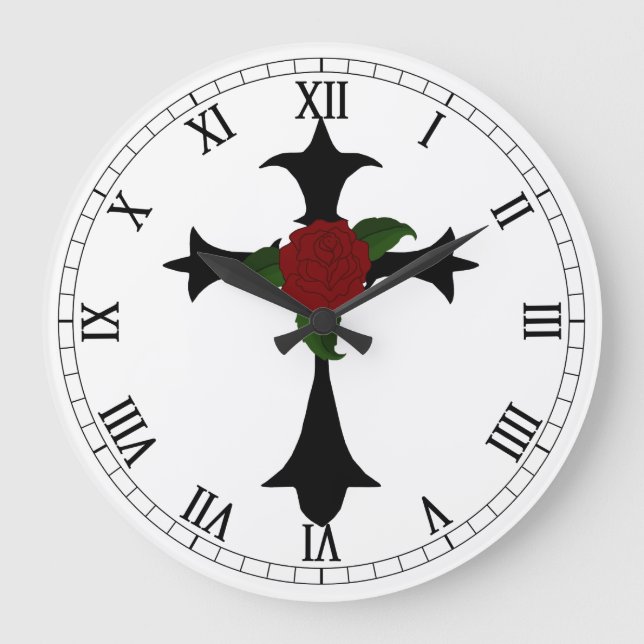 Black Tribal Cross Round Roman Numerals Clock (Front)