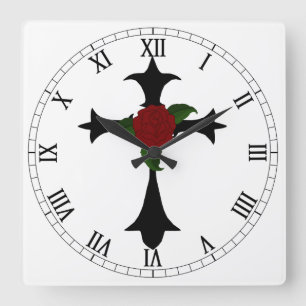 Black Tribal Cross Square Roman Numerals Clock
