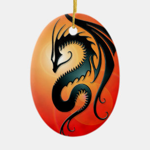 Black Tribal Dragon, red Ceramic Tree Decoration