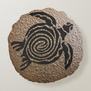 Black Tribal Spiral Sea Turtle Round Cushion