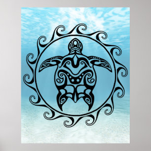 Black Tribal Turtle Sun Poster