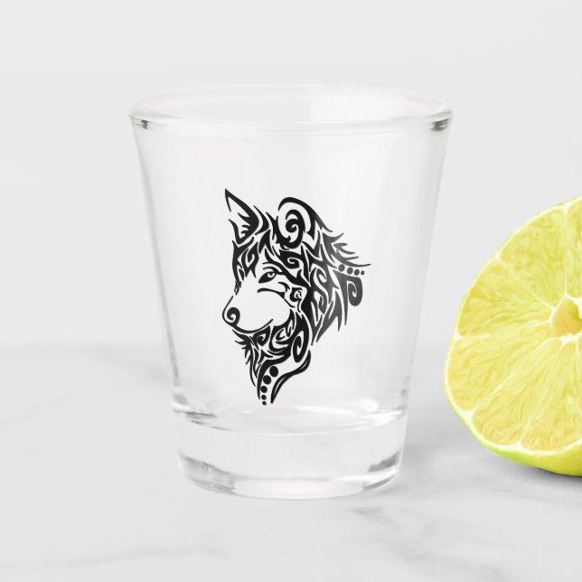 Black Tribal Wolf Shot Glass (Front)