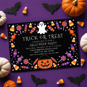 Black Trick or Treat Candy Kids Halloween Party  Invitation