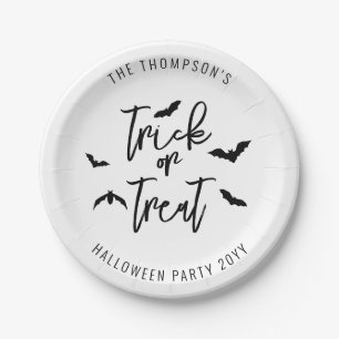 Black Trick Or Treat Typography And Bats Halloween Paper Plate