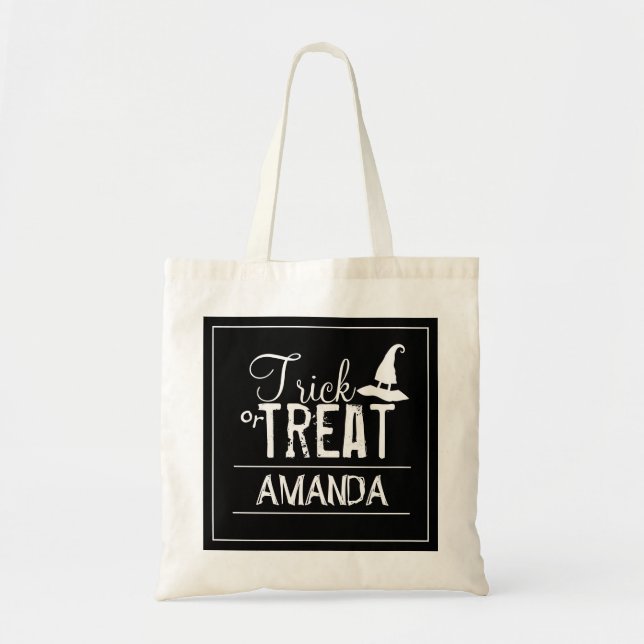 Black trick or treat typography Witches Hat Tote Bag (Front)