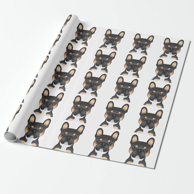 Black Tricolor French Bulldog Head Pattern Wrapping Paper (Unrolled)