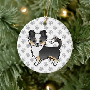 Black Tricolor Long Coat Chihuahua Dog & Paws Ceramic Ornament