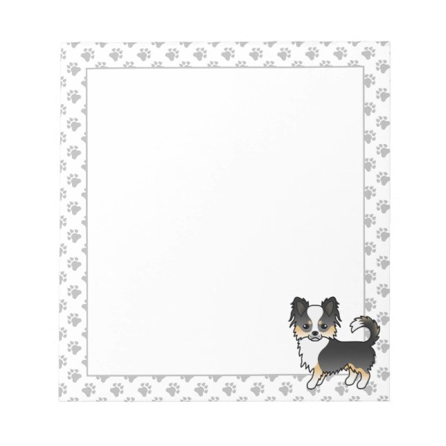Black Tricolor Long Coat Chihuahua Dog & Paws Notepad (Front)