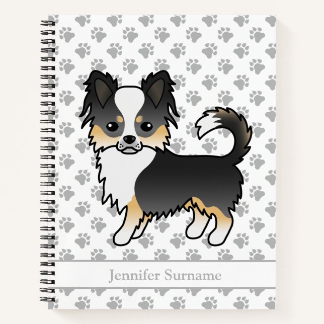 Black Tricolor Long Coat Chihuahua Dog & Text Notebook (Front)