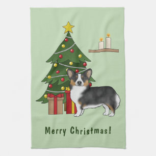 Black Tricolor Pembroke Welsh Corgi Christmas Tree Tea Towel