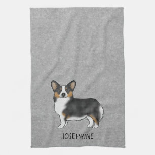 Black Tricolor Pembroke Welsh Corgi With Name Tea Towel