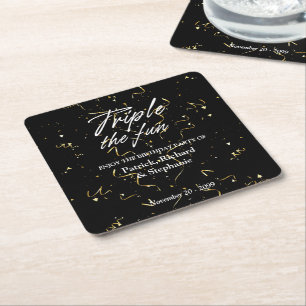 Black Triple the Fun Friends Joint Birthday Square Paper Coaster