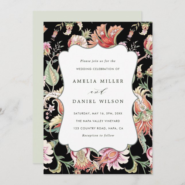 Black | Tropical Fantasy Boho Floral Wedding Invitation (Front/Back)