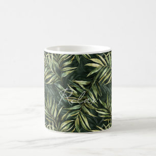 Black Tropical Green Leaves Coffee Mug