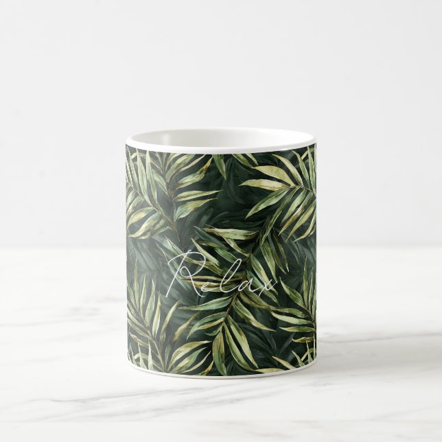 Black Tropical Green Leaves Coffee Mug (Center)