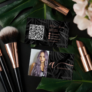 Black Tropical hair makeup photo initial qr code Business Card