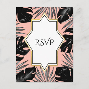 Black Tropical Leaves & Coral Peach Gold RSVP Invitation Postcard