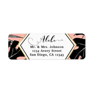 Black Tropical Leaves & Coral Peach Gold Wedding Return Address Label