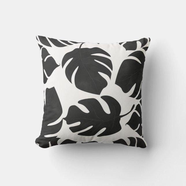 Black Tropical Leaves Summer Glam Botanical Cushion (Front)