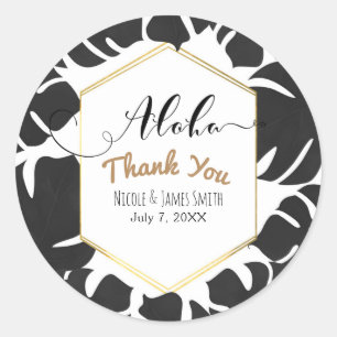 Black Tropical Leaves White & Gold Wedding Classic Round Sticker