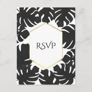 Black Tropical Leaves White & Gold Wedding RSVP Invitation Postcard