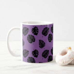 Black Tropical Palm Leaves Violet Summer Pattern Coffee Mug
