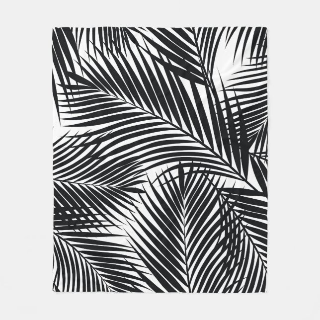 Black tropical palm leaves, white background fleece blanket (Front)