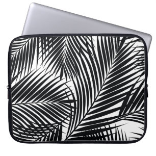 Black tropical palm leaves, white background laptop sleeve