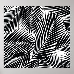Black tropical palm leaves, white background poster