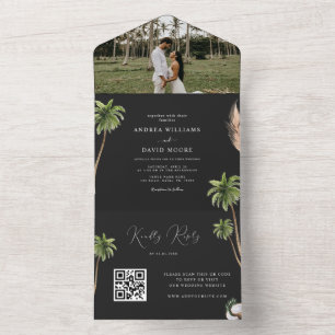 Black Tropical Palm Tree Photo QR Code Wedding All In One Invitation