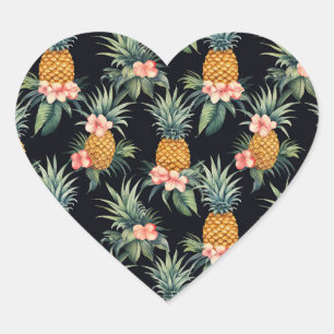 Black Tropical Pink Flowers and Pineapples Heart Sticker