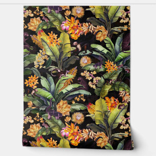Black Tropical Vintage Monkey Floral Rainforest Wallpaper