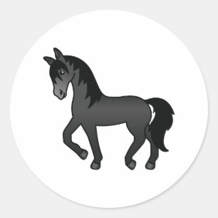 Black Trotting Horse Cute Cartoon Illustration Classic Round Sticker