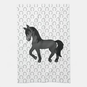 Black Trotting Horse Cute Cartoon Illustration Tea Towel