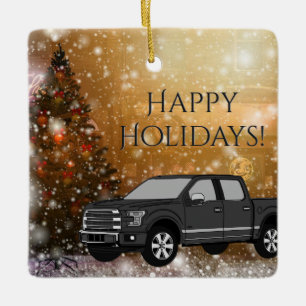 Black Truck in Christmas Winter Snow Scene Ceramic Ornament