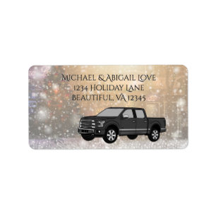Black Truck in Christmas Winter Snow Scene Label
